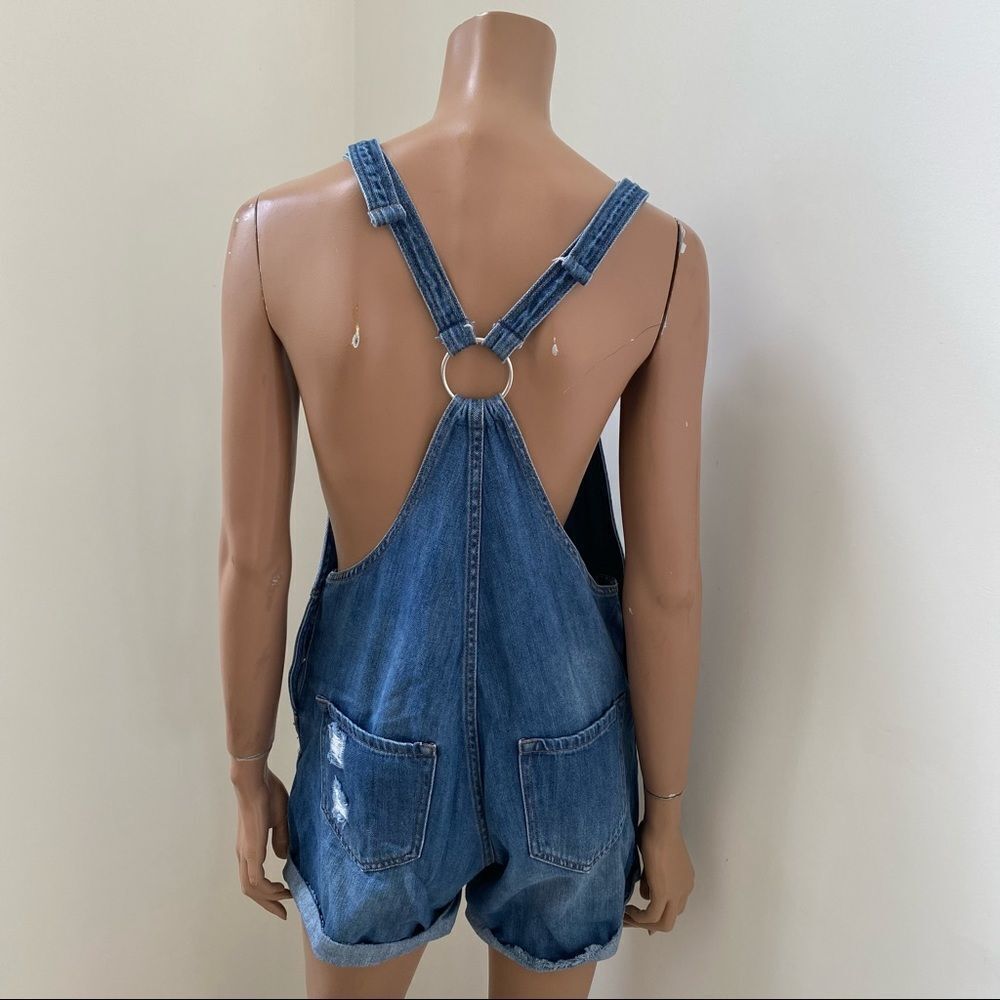 Mango Medium Wash Blue Denim Distressed Overalls M - Picture 6 of 10